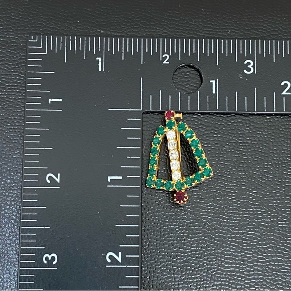 Vintage Green Red Clear Rhinestone Christmas Bell Small Pin Brooch - Picture 8 of 9